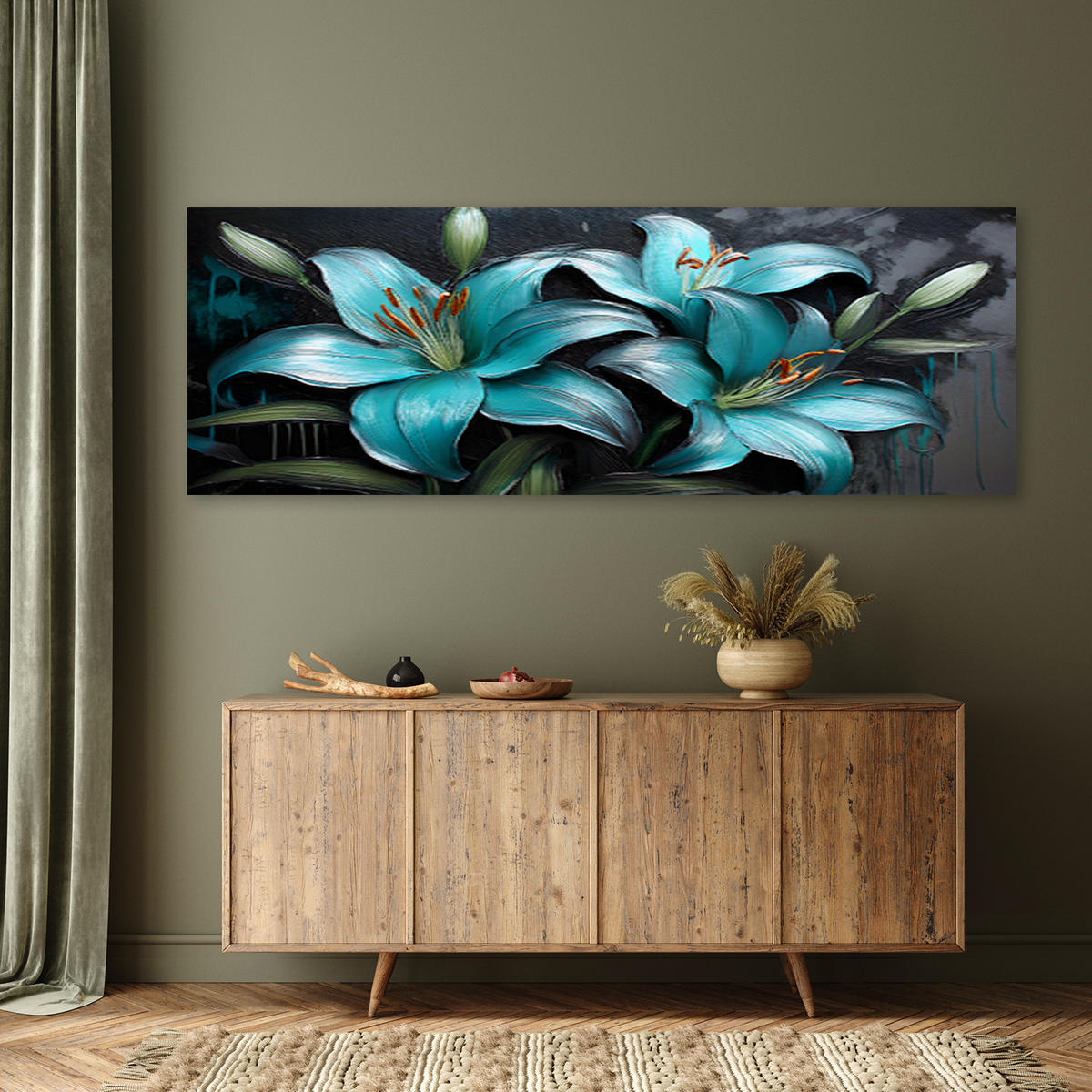 WANDBILD lilienblumen türkisfarbene pflanzen - Türkis, Textil (90/30cm) - Feeby