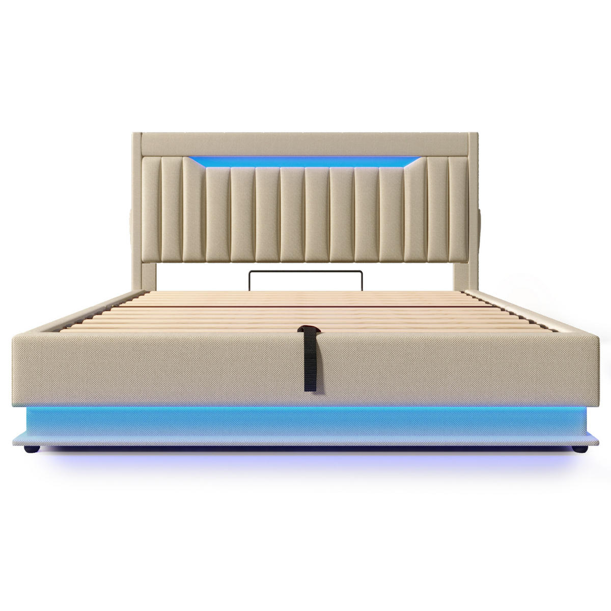 BETT mit Stauraum und LED 160x200 cm Leinen Beige - Beige, Metall (160/200cm) - Meubliv