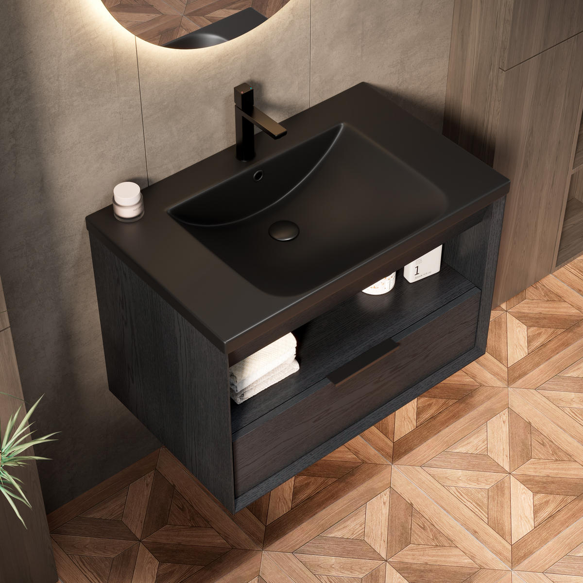 BADEZIMMERSCHRANK 74.5x46.5x51.5 cm Schwarz & Dunkle Eiche aus Keramik & Sperrholz - Schwarz, Keramik (74.5/51.5/46.5cm) - Modfu