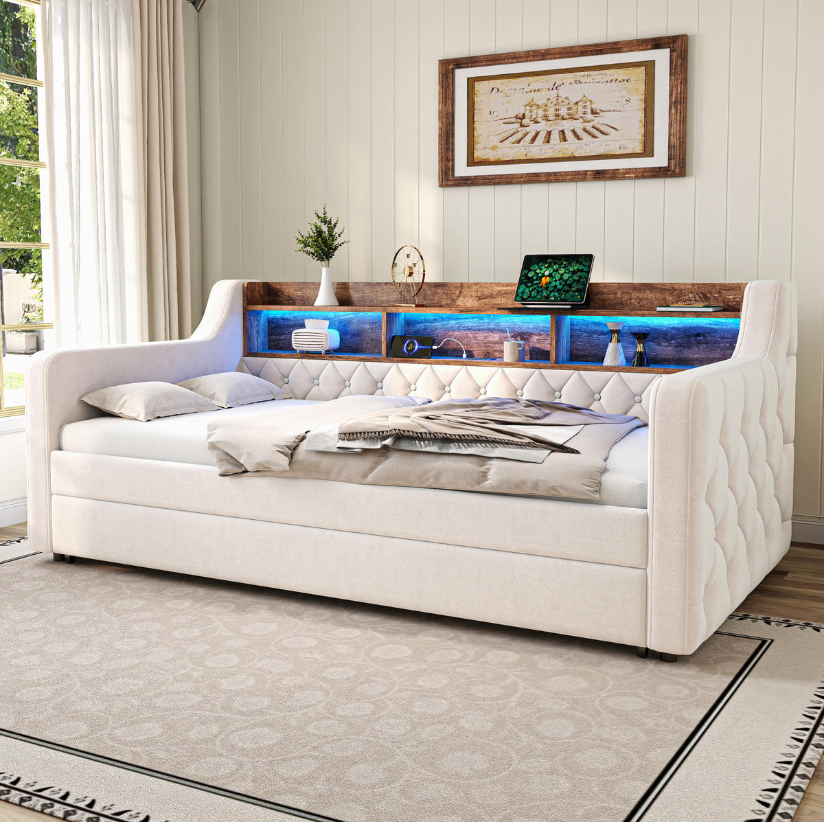SCHLAFSOFA 90/190 cm aus Samt mit Ausziehfunktion, LED-Beleuchtung, USB-C und Stauraum, Beige - Beige, Textil (201/75/107cm) - Redom