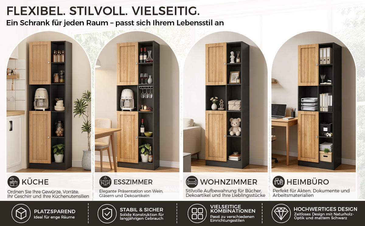 GESCHIRRSCHRANK Schwarz 50/35.5/170 - Schwarz, Holzwerkstoff (50/170/35.5cm)