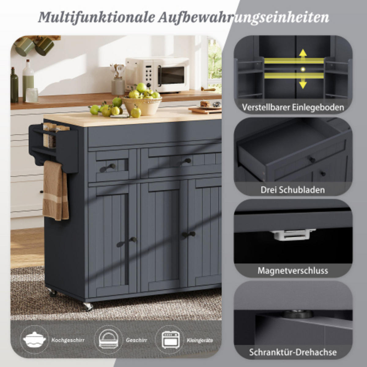 KÜCHENINSEL mit seitlich ausziehbarer Arbeitsplatte grau-natur 137-190,6×45,2×92 cm aus MDF - Grau, Holzwerkstoff (190.6/92/45.2cm) - Luhomfu