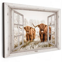 LEINWANDBILD Durchblick - Schottische Highlander - Tiere Gemälde 60x40 cm - Hellbraun, Textil (60/40cm) - MuchoWow