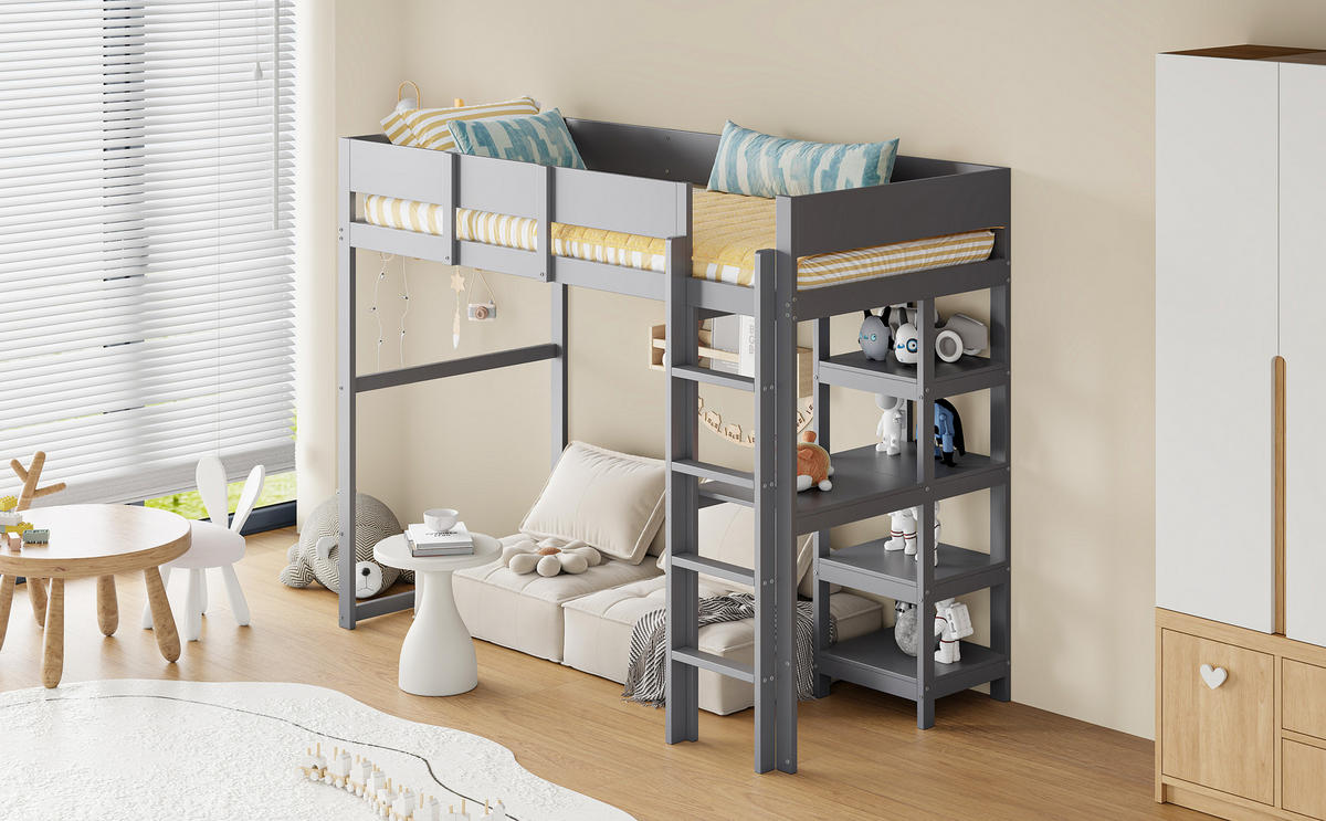 HOCHBETT 90/200 cm grau aus massivem Kiefernholz mit Ablage - Grau, Holz (90/200cm) - OKWISH