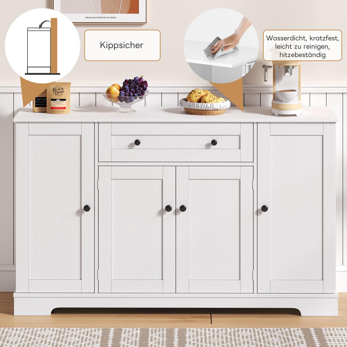 SIDEBOARD in Weiß Küchenbuffet mit Regaltüren und Schublade für Küche und Wohnzimmer, B138/T40/H85 cm - Weiß, Holzwerkstoff (138/85/40cm) - STILVORA