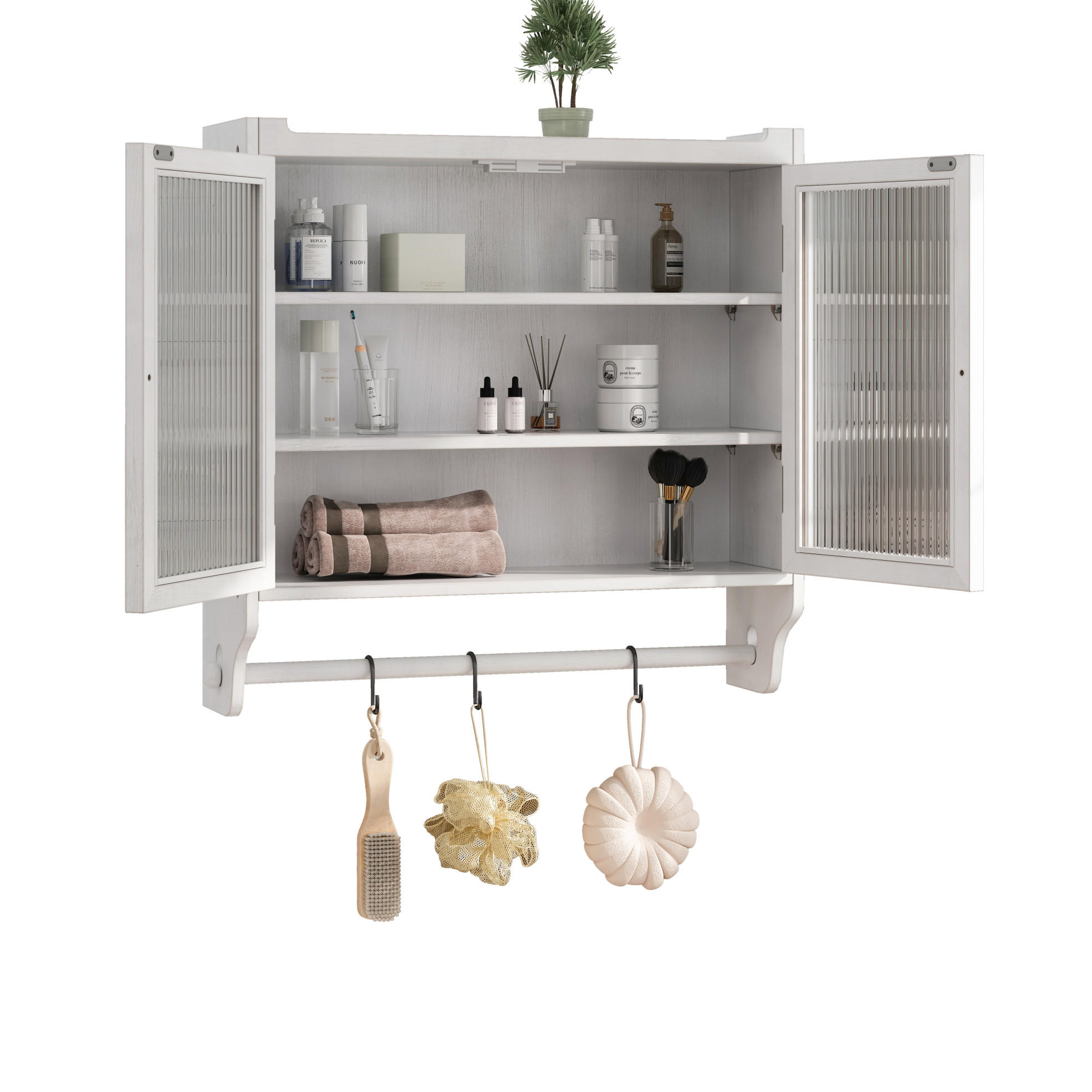 KÜCHENOBERSCHRANK 60/18/63 cm aus Massivholz und MDF mit Riffelglastüren Weiß gewaschen - Weiß, Holz (63/60/18cm) - Modenvie