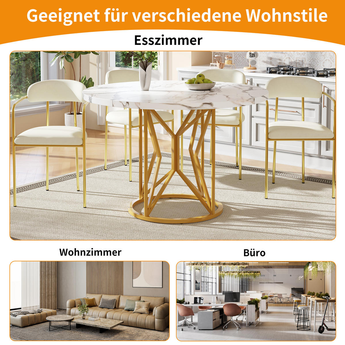 ESSTISCH 100x100x76 cm in Weiß und Gold aus MDF mit Marmoroptik auf goldenem Metallgestell - Goldfarben, Holzwerkstoff (100/100/76cm) - Modfu