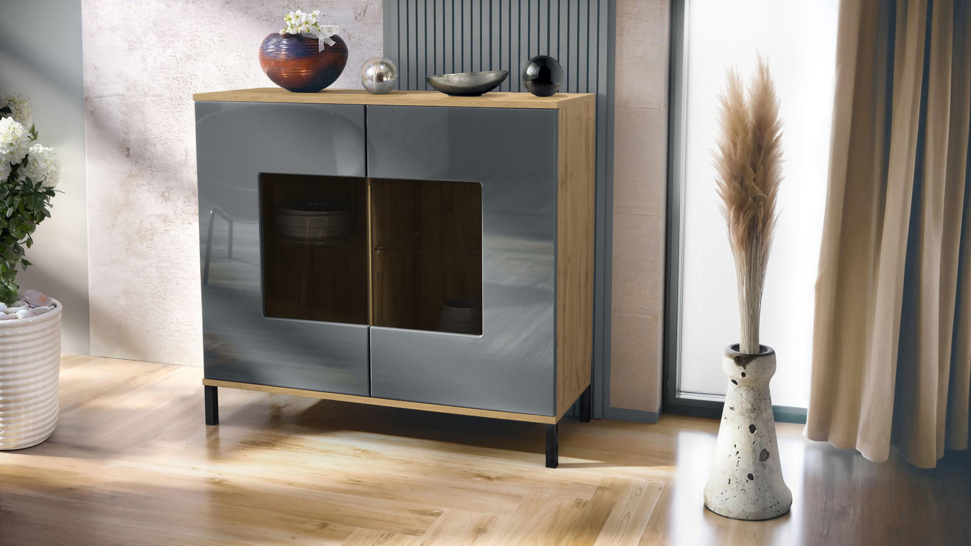 KOMMODE Grömitz Grau Hochglanz - Grau, Holzwerkstoff (92.5/83.5/35cm) - Vladon