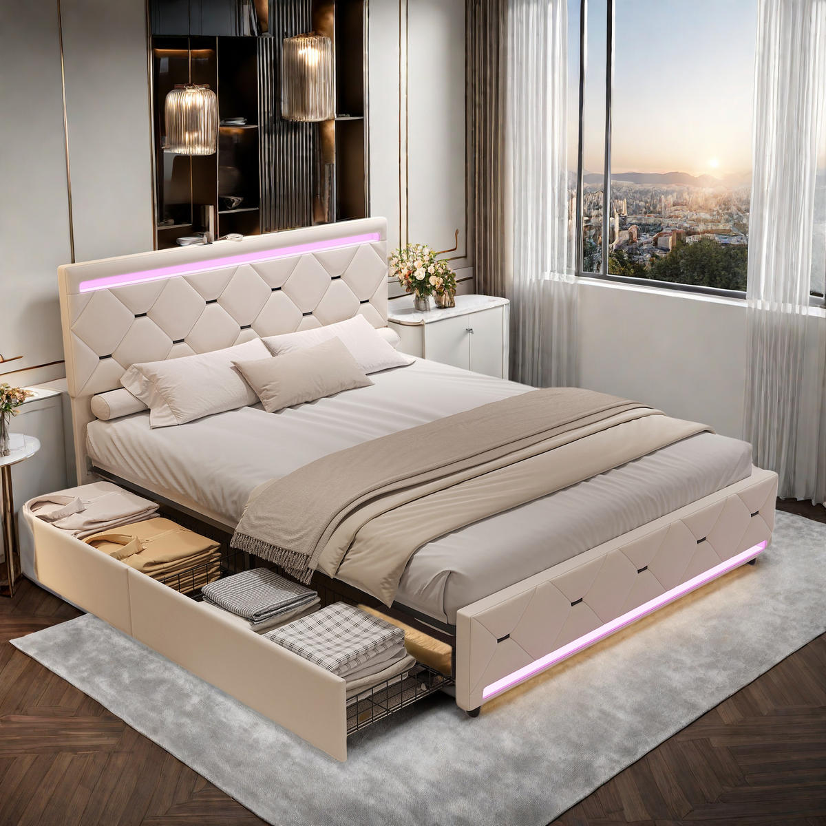POLSTERBETT 140x190 cm Creme Samt LED USB 4 Schubladen Stauraum - Beige, Holz (140/190cm) - SHOPENTRA