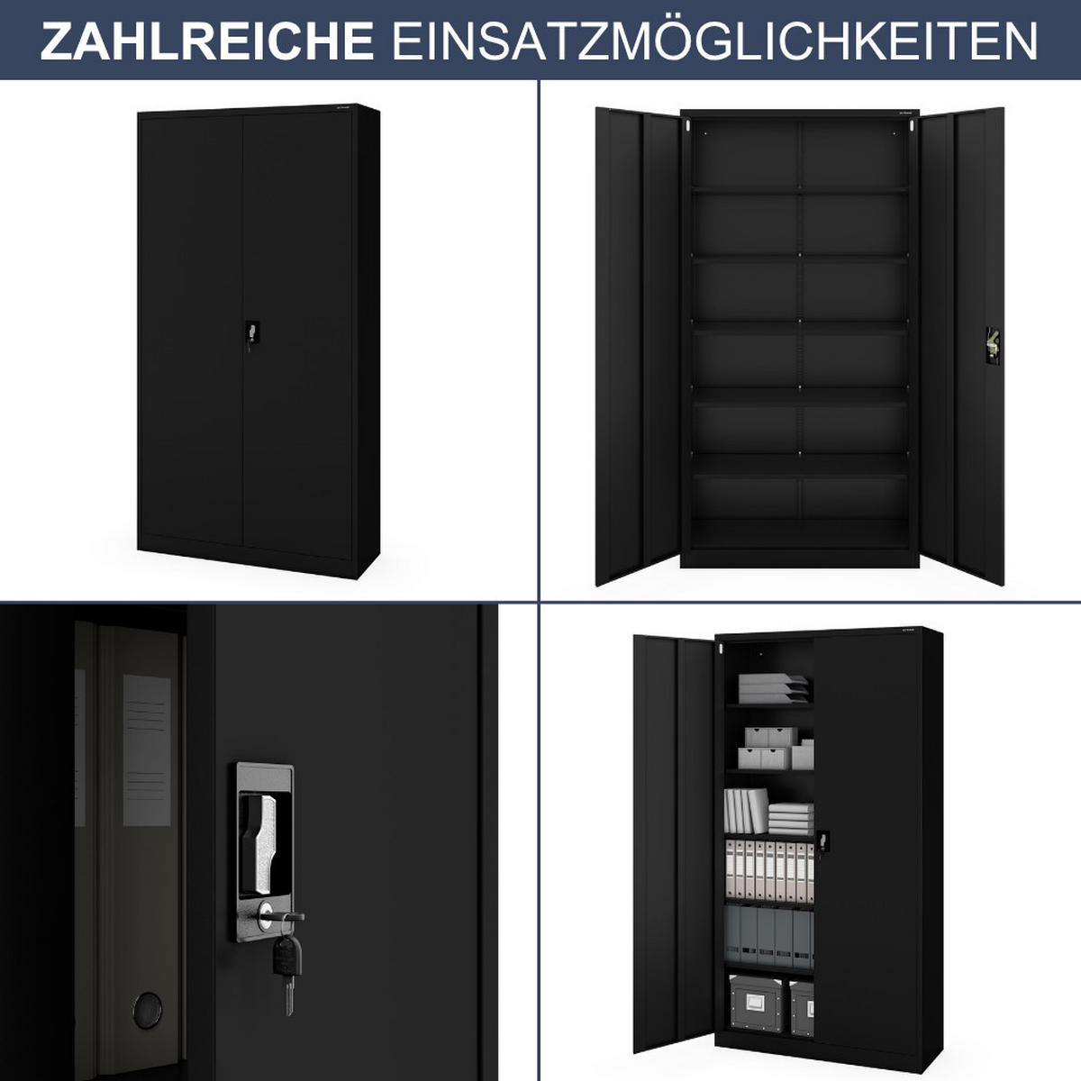 AKTENSCHRANK abschließbar KADO Flügeltüren 220x115x40cm Schwarz - Schwarz, Metall (115/220/40cm) - DELUKE