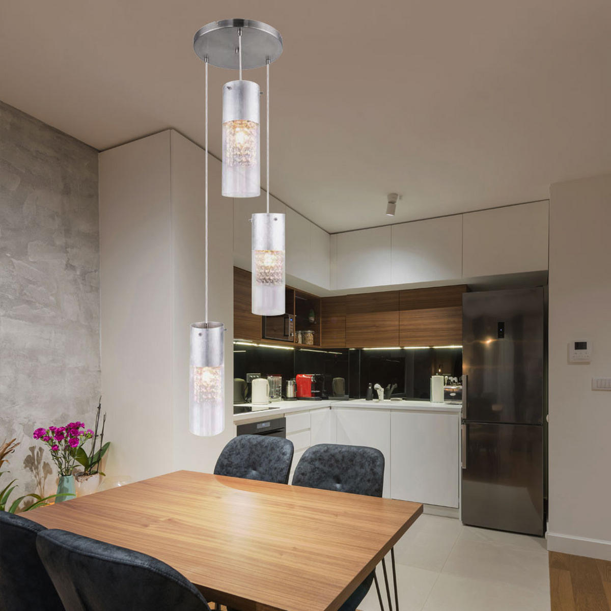 HÄNGELEUCHTE Kristalle Blattsilber Silber - Silberfarben, Glas (30/30/120cm)