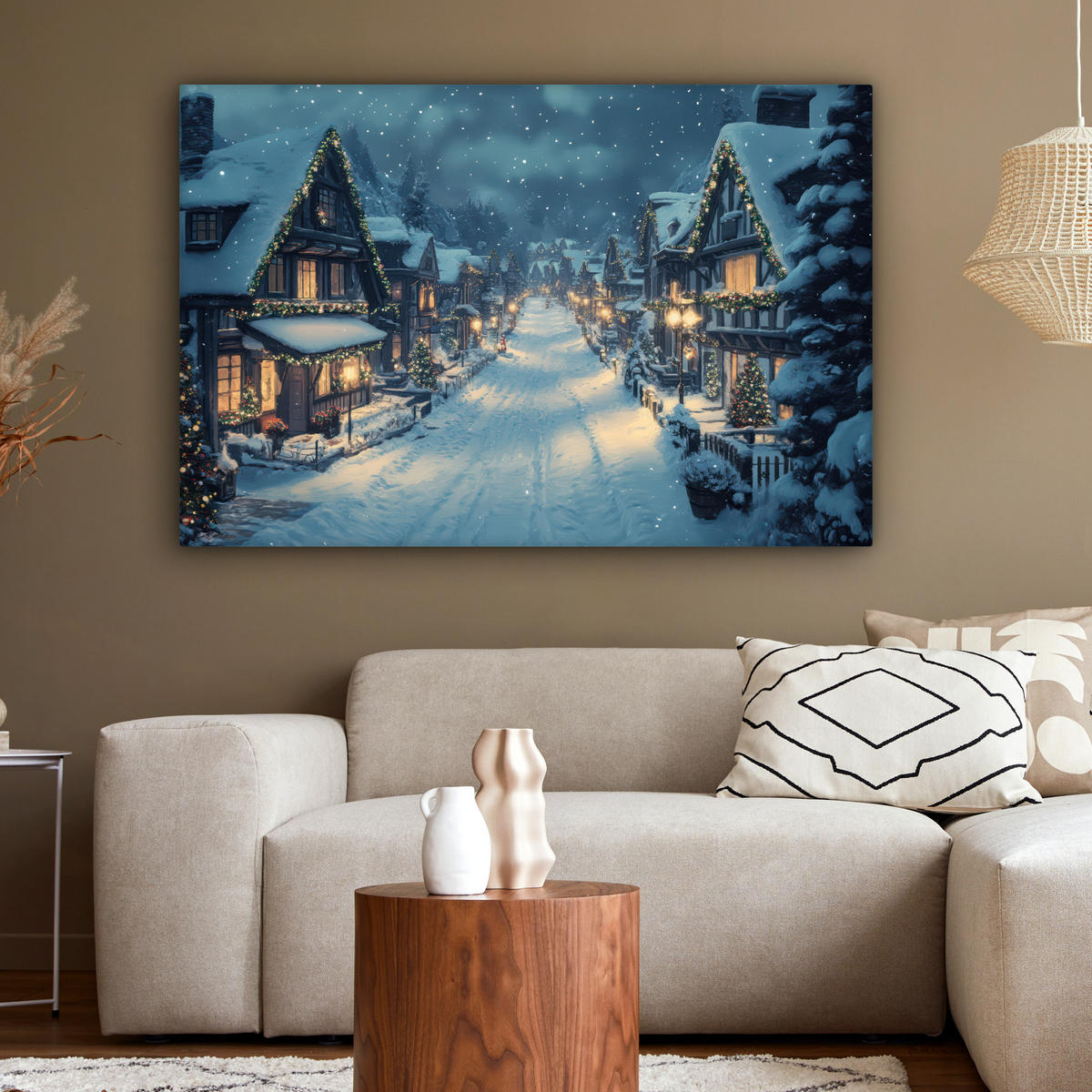 LEINWANDBILD Weihnachtsdorf - Weihnachten - Schnee - Winter XXL 150x100 cm - Dunkelblau, Textil (150/100cm) - MuchoWow