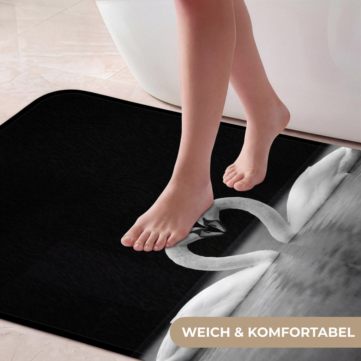 KOUPELNOVÁ PŘEDLOŽKA Labutě - srdce - černá - bílá 60x120 cm - černá, textil/plast (60/120cm)