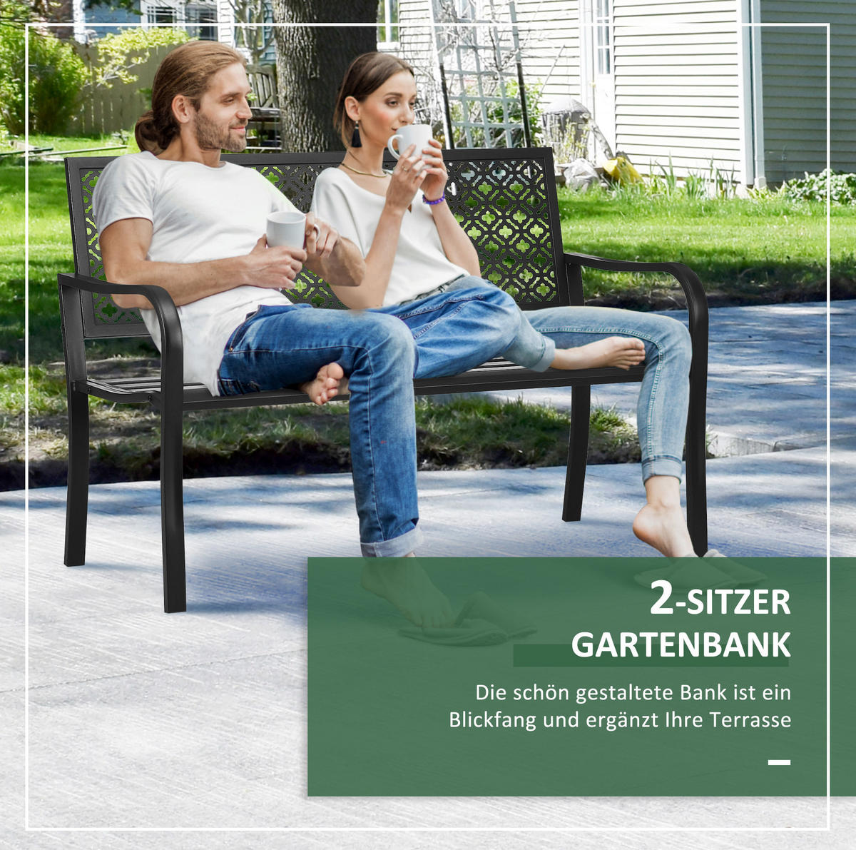 ZAHRADNÍ lavička z oceli 127x63x83 cm černá pro 2 osoby s opěradlem, područkami a nosností 240 kg - černá, kov (127/83/63cm) - Modfu