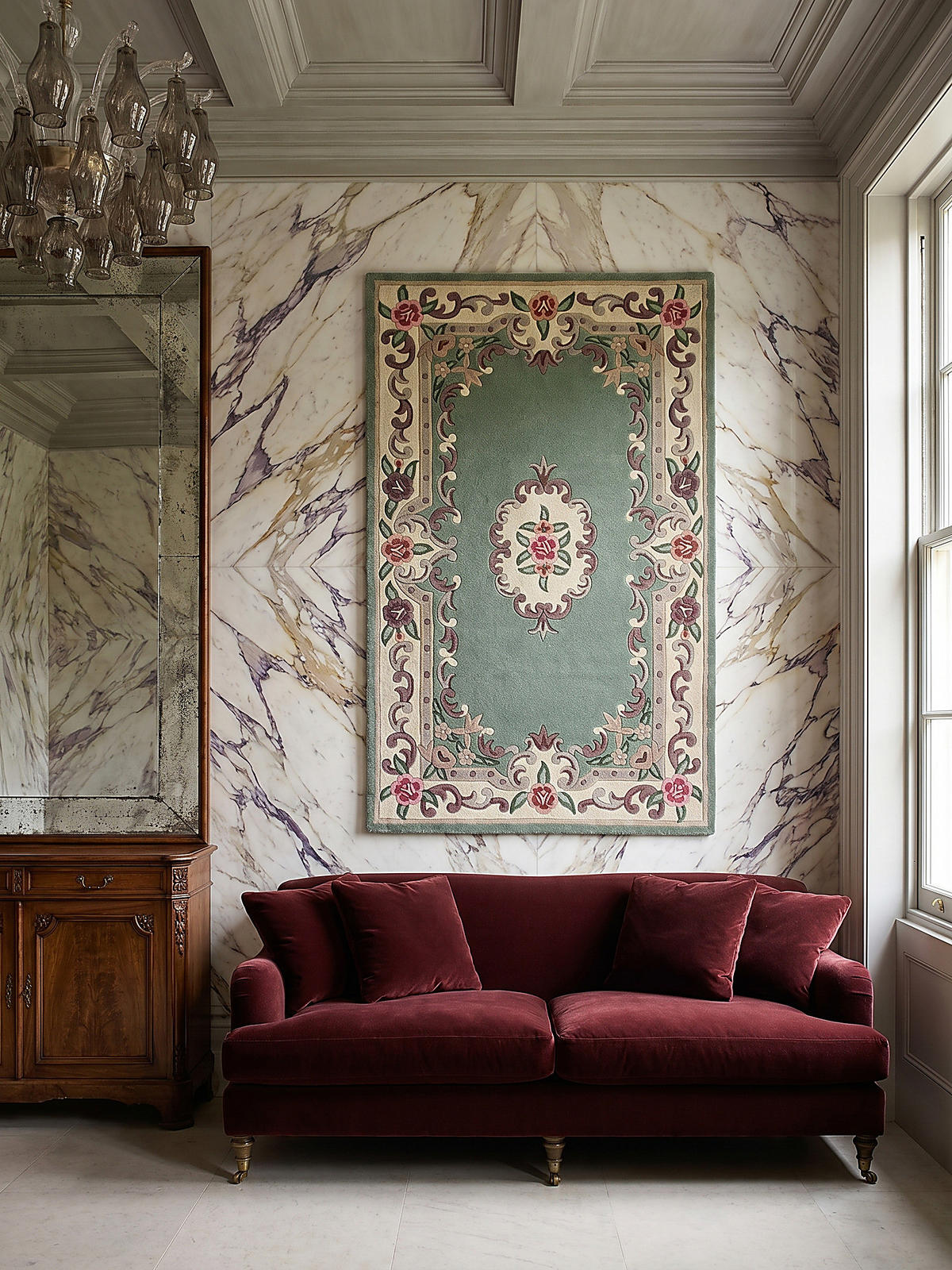 WOLLTEPPICH Aubusson-Muster handgeknüpft BEAULY, Grün-Beige 75x150 cm - Grün, Textil (150/75cm) - KADIMA DESIGN