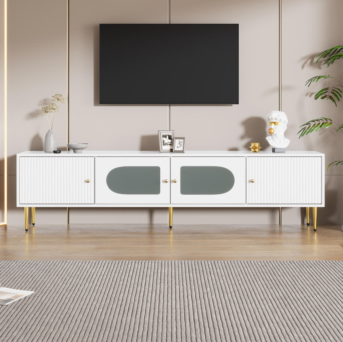 TV ormarić 170/35/50 cm bijeli od iverice sa staklenim vratima i otvorima za kabele - bijela, drvni materijal (140/38/38cm) - OKWISH