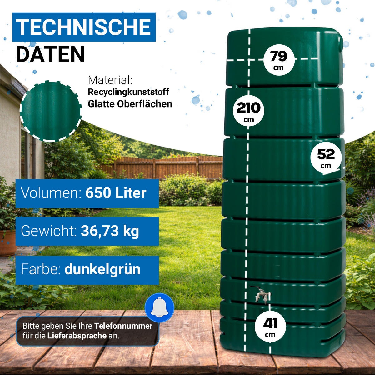REGENTONNE Wandtank Komplett-Set 650 L, dunkelgrün inkl. Chrom-Doppelauslaufhahn und Fallrohranschluss - Grün, Kunststoff (79/210/52cm) - 4rain