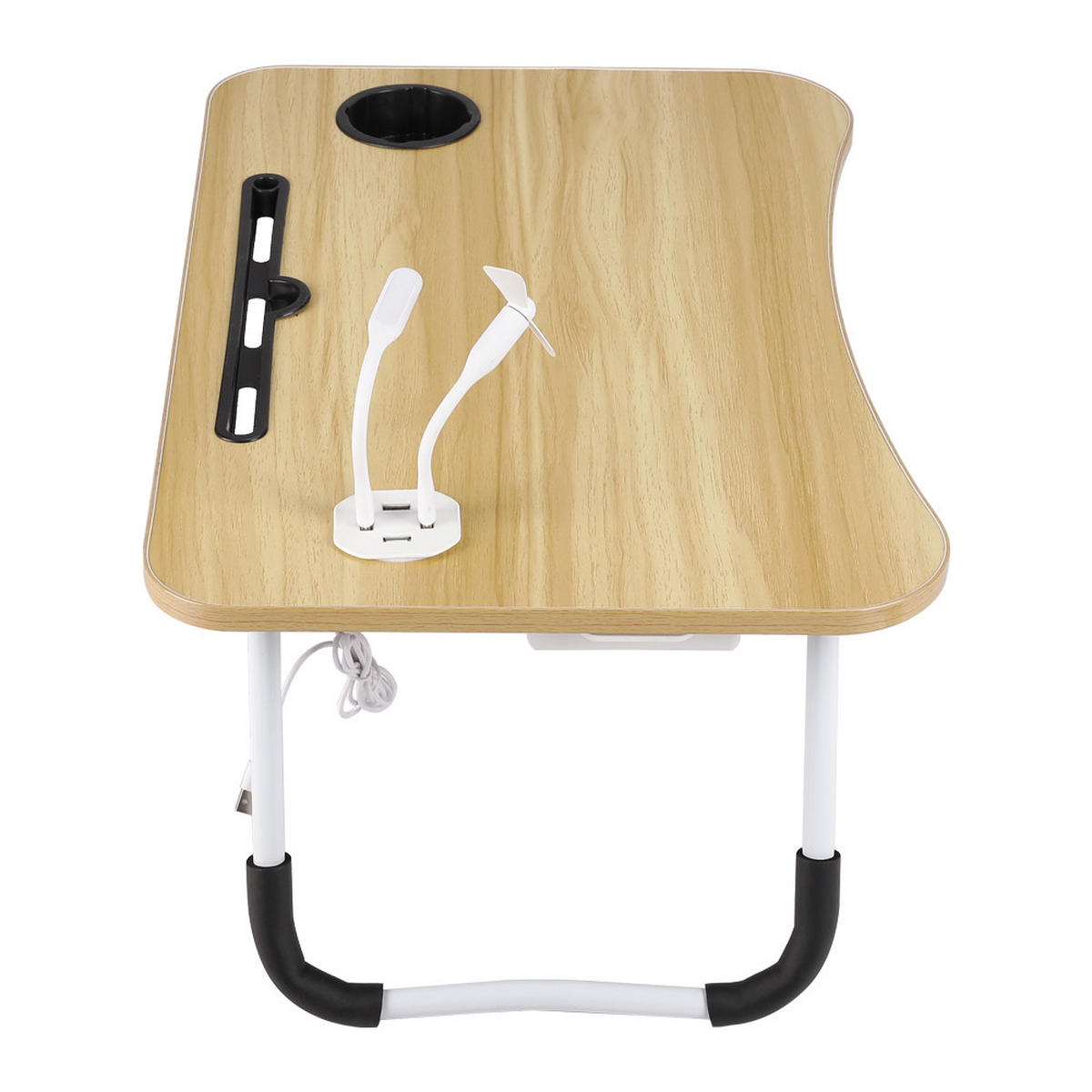 LAPTOPTISCH mit USB-Anschlüssen aus MDF und Eisen in Holzoptik Getränkehalter Klappbarer für Bett und Couch 60 x 40 x 28cm - Naturfarben, Metall (40/60/28cm) - Livingandhome