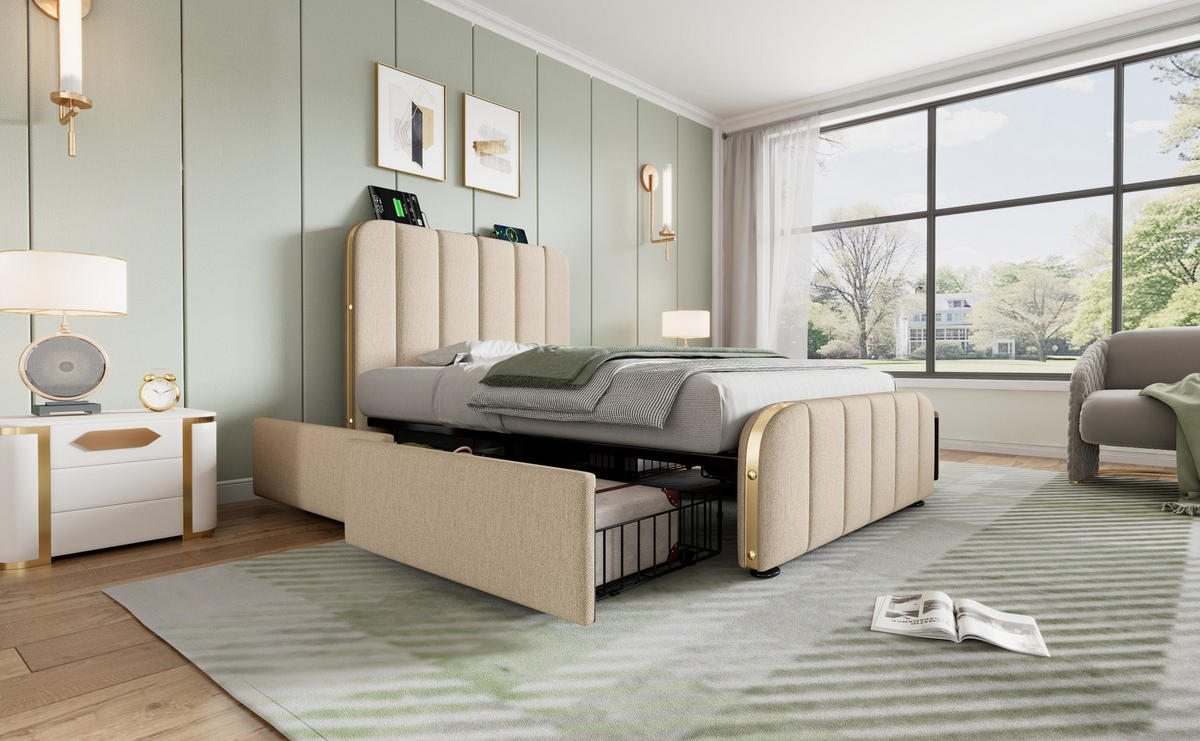 POLSTERBETT 90/200 cm Beige aus Leinen mit 4 Schubladen - Beige, Textil (90/200cm) - OKMYHOME
