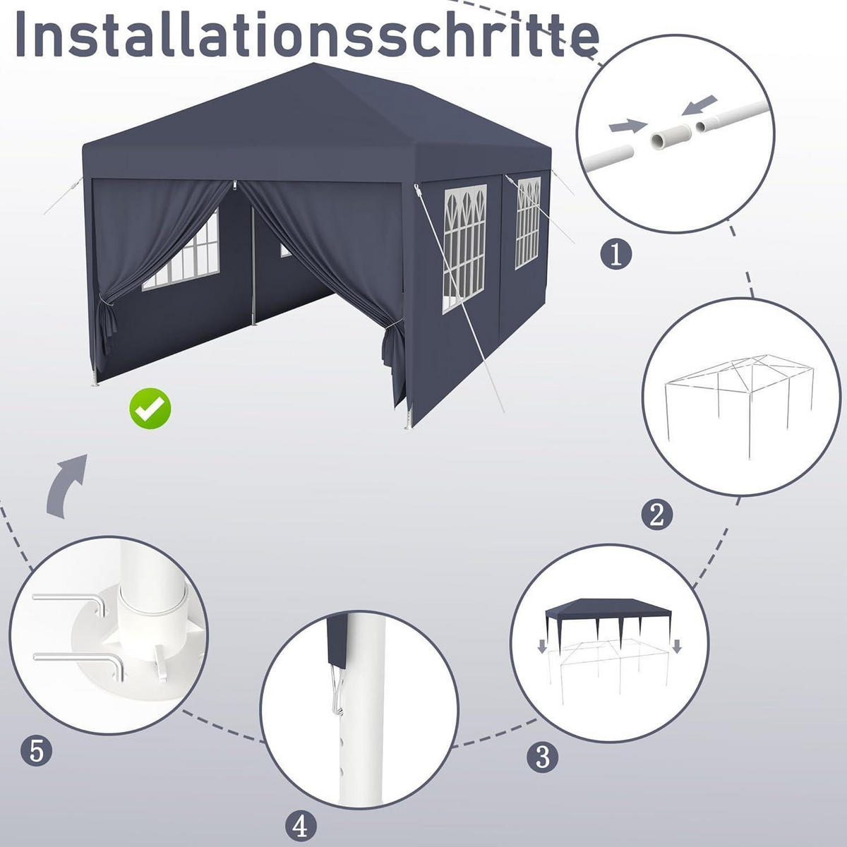 GARTENZELT 3 x 6 m Anthrazit mit Fenstern Textil - Anthrazit, Textil (300/250/600cm)