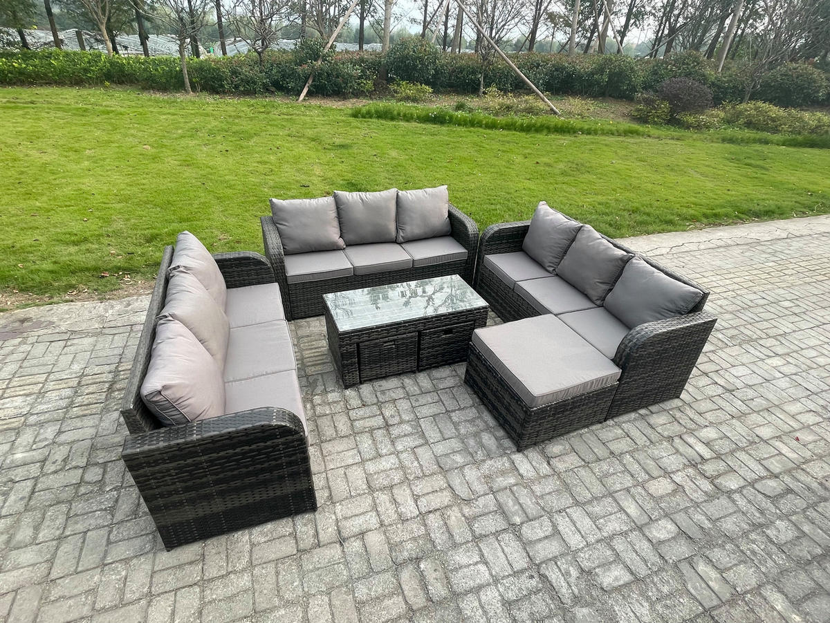 GARTENSOFA SET mit rechteckigem COUCHTISCH Polyrattan 12-Sitzer Dunkelgrau - Dunkelgrau/Grau, Glas/Kunststoff - Fimous
