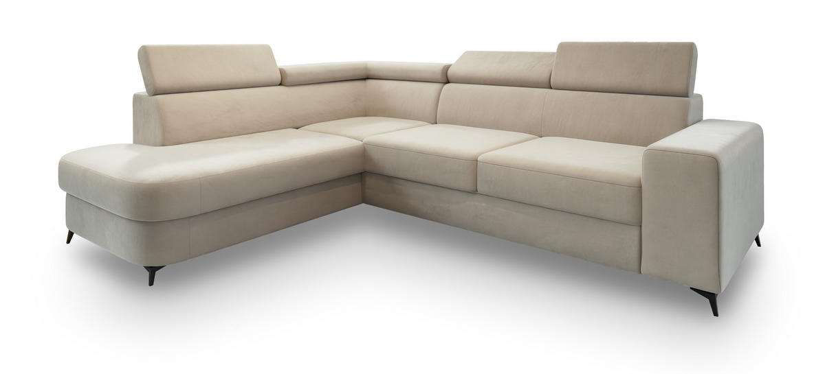 ECKSOFA ALVORO L-S Creme Velours-Stoff mit Schlaffunktion - Creme, Holz (253/190cm) - MASSENO