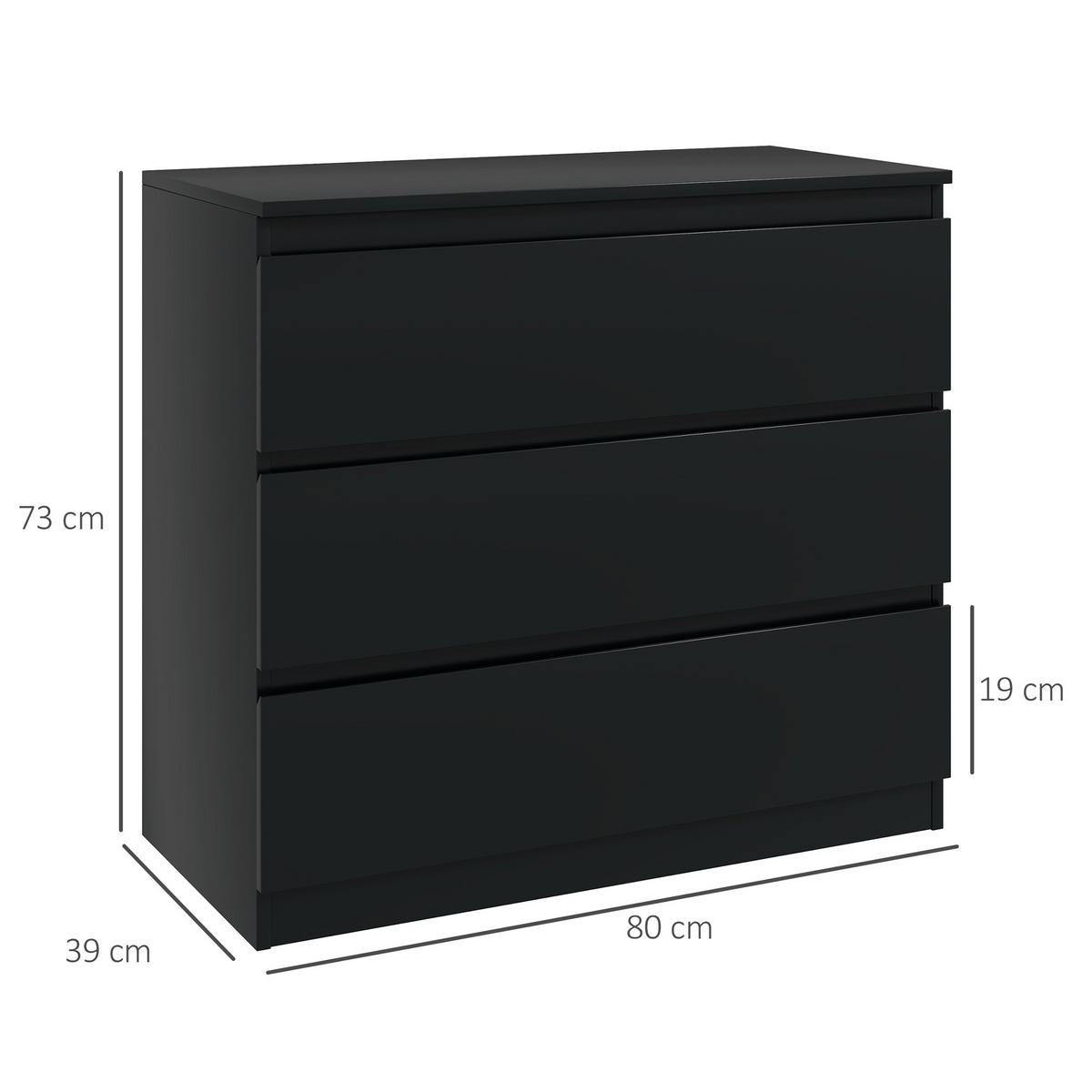 KOMOODE DE-12963 3 Schubladen, grifflos Schwarz - Schwarz, Holzwerkstoff (80/73/39cm) - ComfortXL