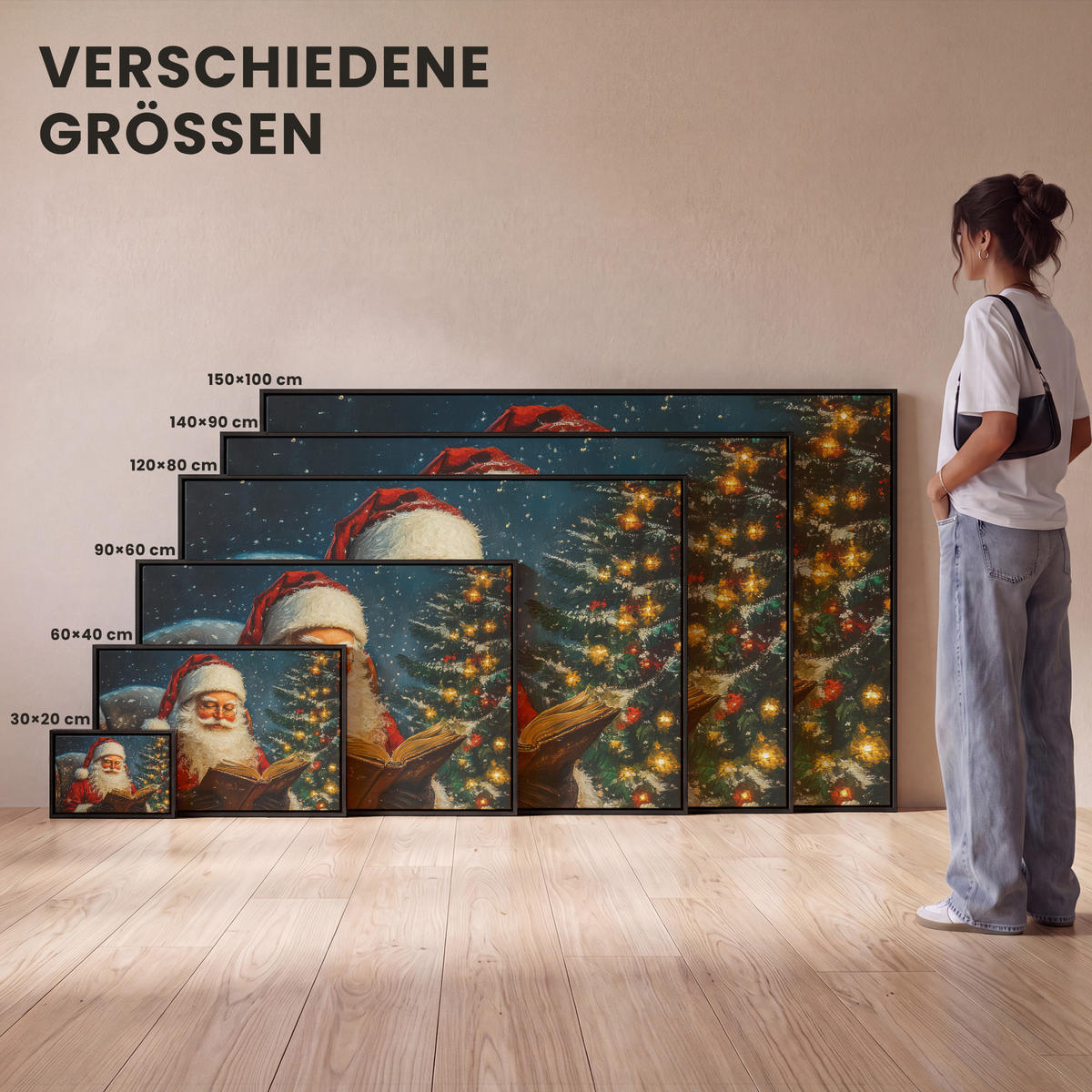 LEINWAND Bilder mit Rahmen - Weihnachtsmann - Weihnachten - Winter - Weihnachtsbaum - 150x100 - Bordeaux, Textil (150/100cm) - MuchoWow