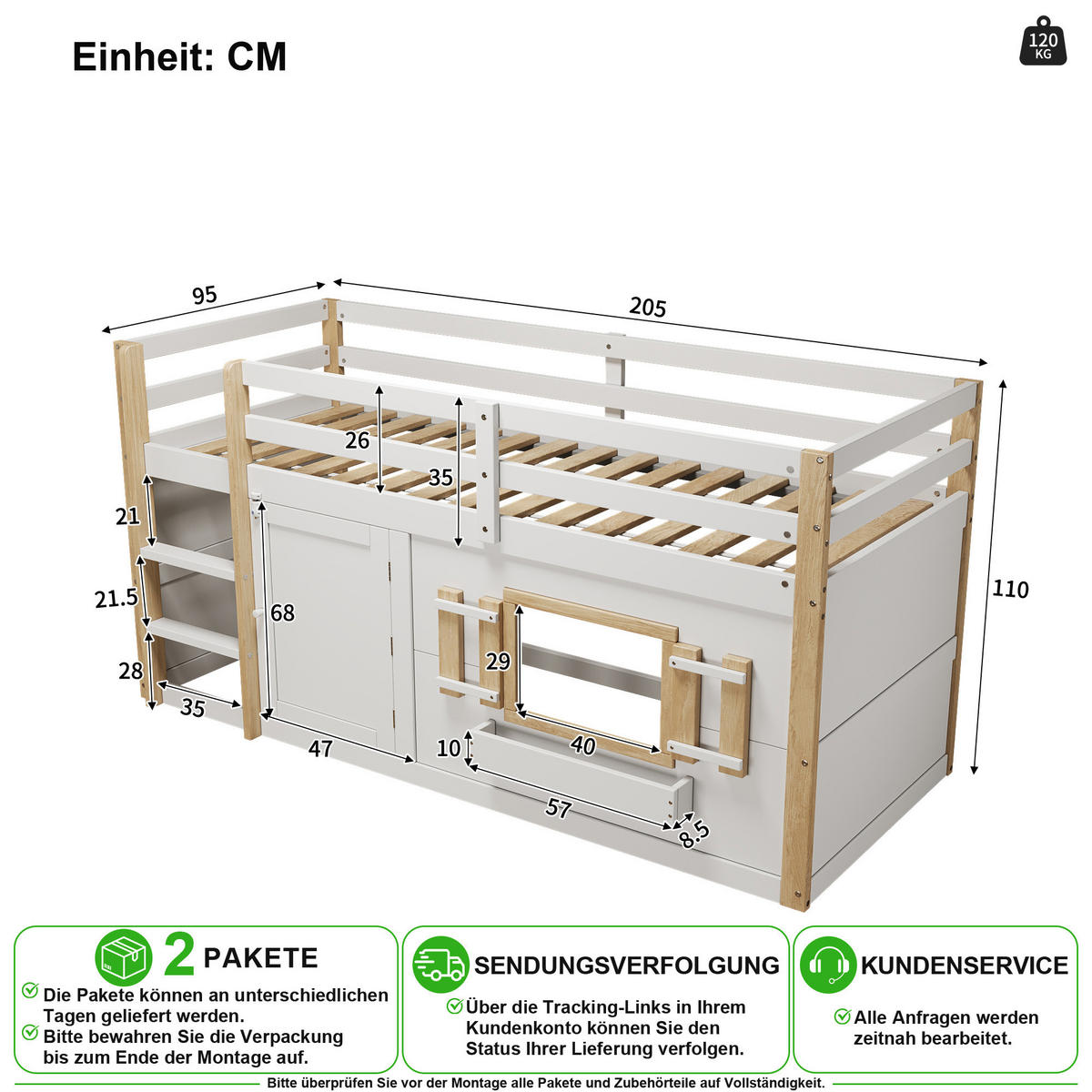 HOCHBETT 90/200 cm in Weiß mit Leiter und Spielfläche Massivholz - Weiß, Holz/Holzwerkstoff (90/200cm) - CHICFURN