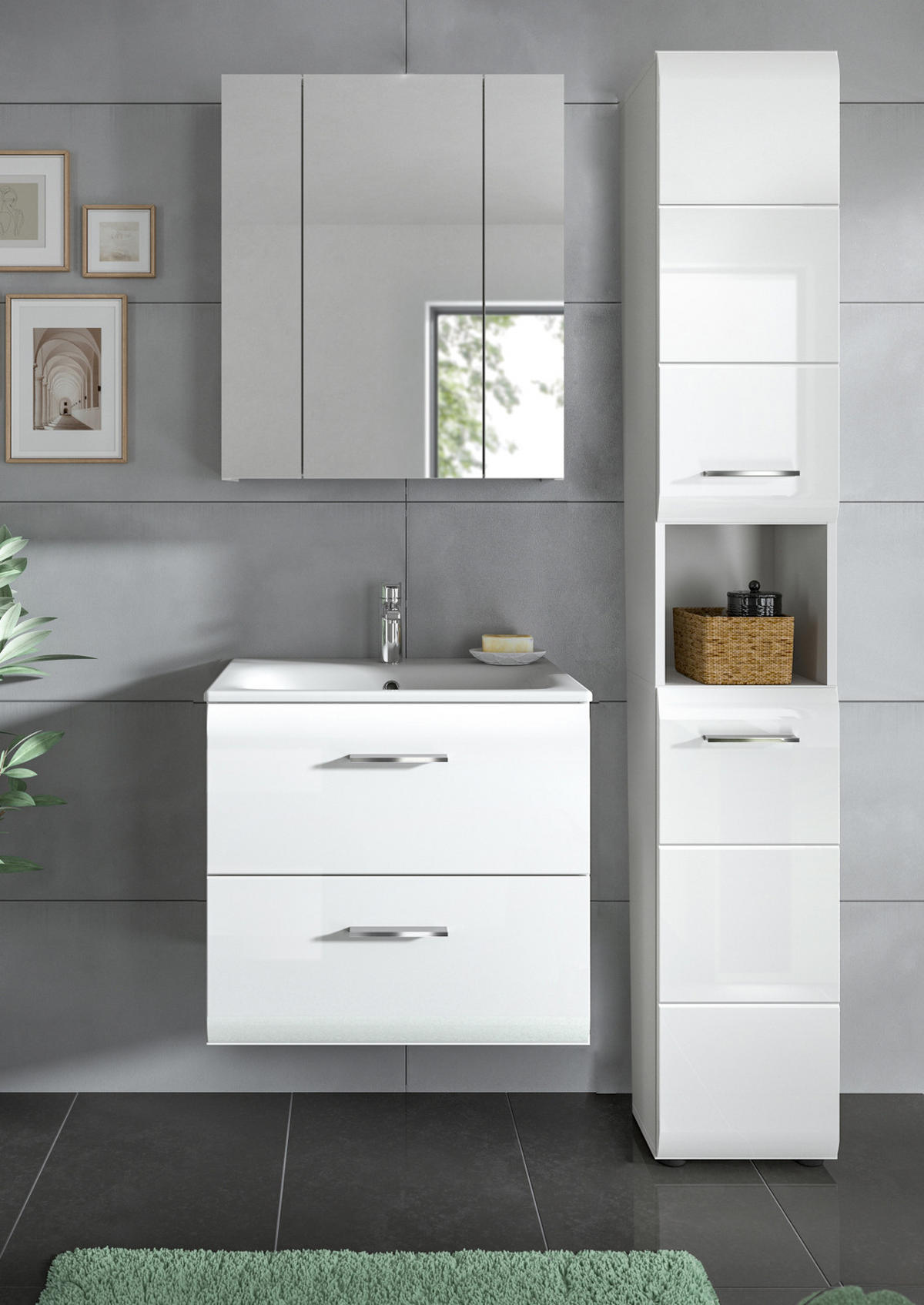 WASCHBECKENUNTERSCHRANK inklusive Waschbecken weiß Hochglanz, Waschtisch hängend - Weiß Hochglanz, Keramik/Holzwerkstoff (60/55/46cm) - Inn.Furn