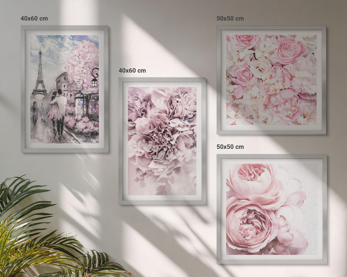 WANDBILDER 4er Set - 50x50 cm & 40x60 cm Silberner Rahmen - Rosa Blumen, romantische Landschaft - Silberfarben, Kunststoff (50/50cm) - ArtPrintCave