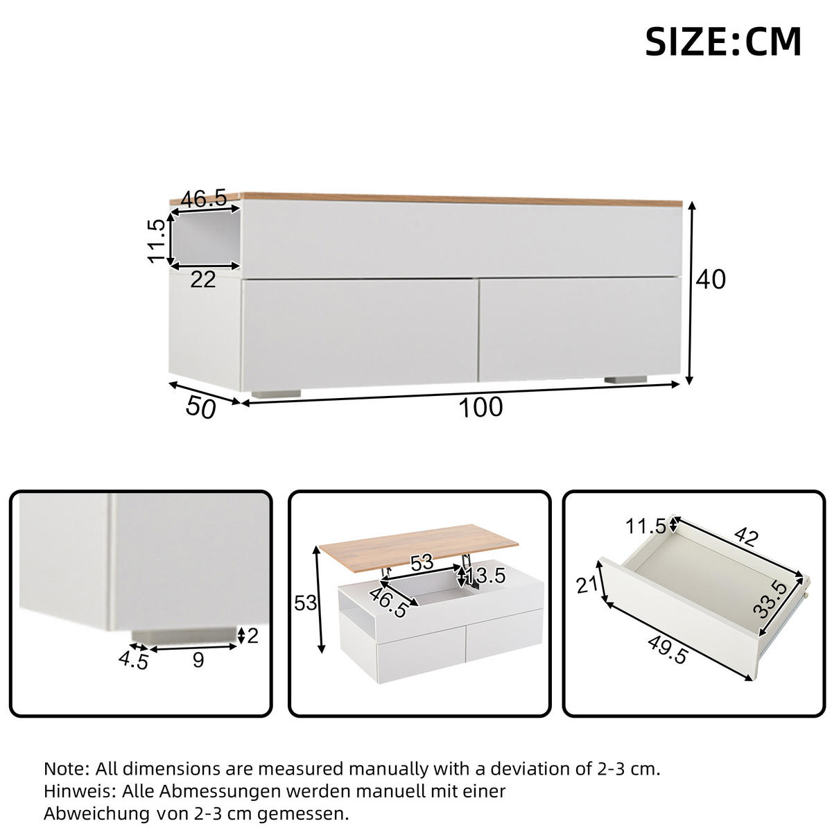 COUCHTISCH 100/50/40 cm höhenverstellbar mit 2 Schubladen und verborgenem Stauraum, Weiß/Holzfarbe - Weiß, Holzwerkstoff (100/50/40cm) - Redom