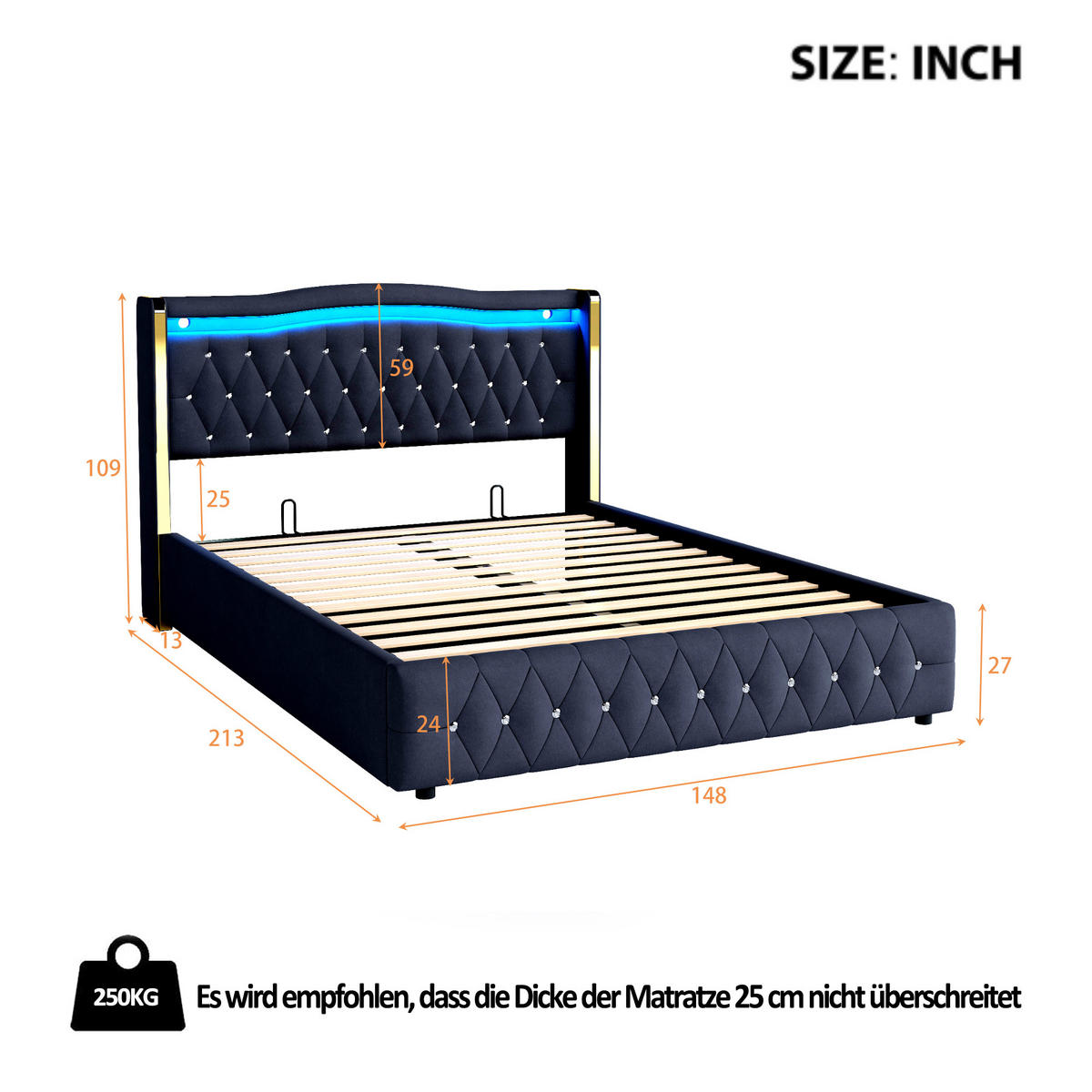 POLSTERBETT 140/200 cm schwarz mit farbwechselnder LED-Beleuchtung und hydraulischem Stauraum - Schwarz, Textil (140/200cm) - OKWISH