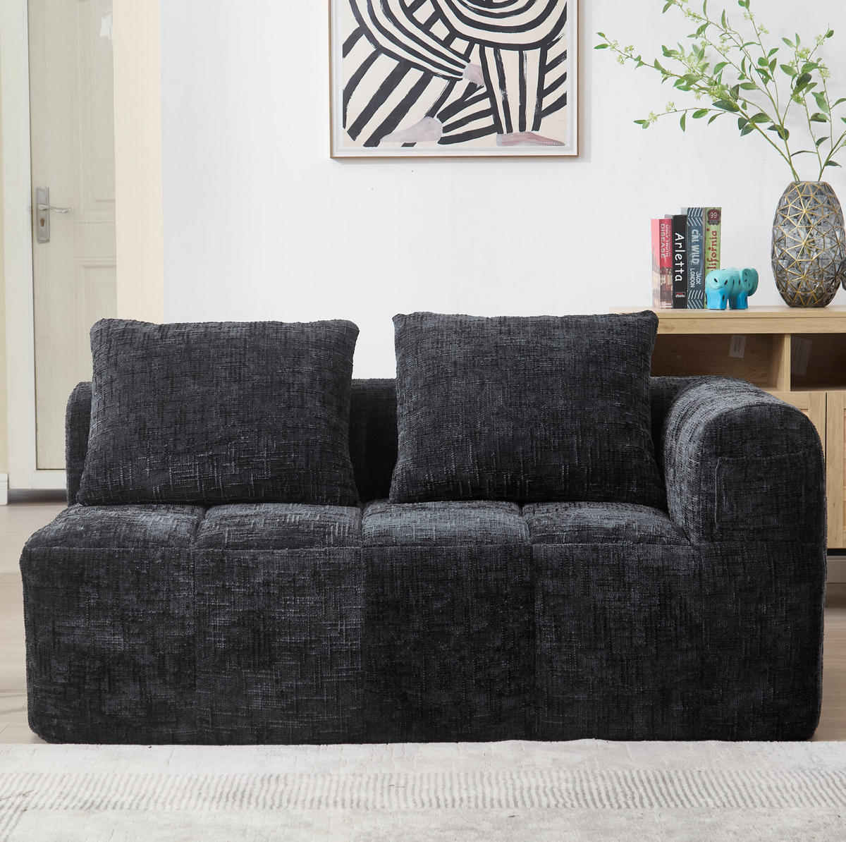 SOFA mit Seitentaschen ca. 158 x 90 cm Chenille Schwarz - Schwarz, Kunststoff (158/60/90cm) - Meubliv