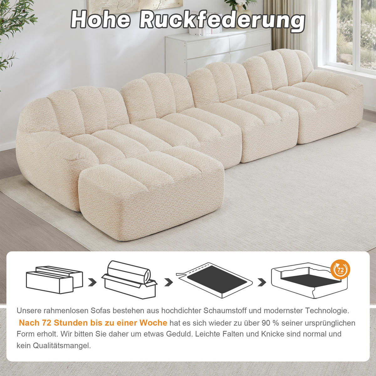 ECKSOFA 366/165/79 cm Cremefarben Granulatvlies mit 1 Fußhocker - Beige, Textil (366/165cm) - Oxeza
