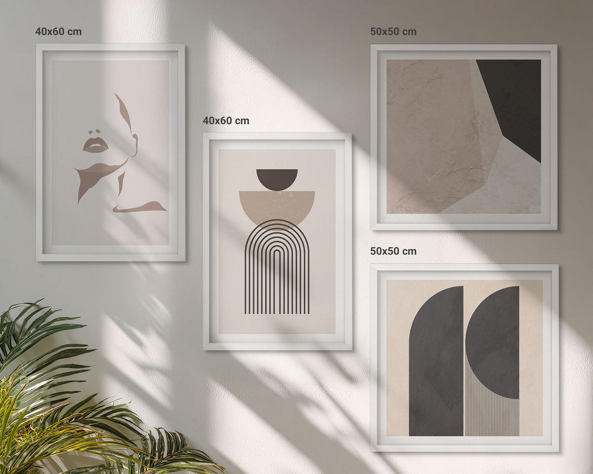WANDBILDER 4er-Set - 50x50 cm & 40x60 cm Weißer Rahmen - Abstrakte weiß-braune Muster - Weiß, Kunststoff (50/50cm) - ArtPrintCave