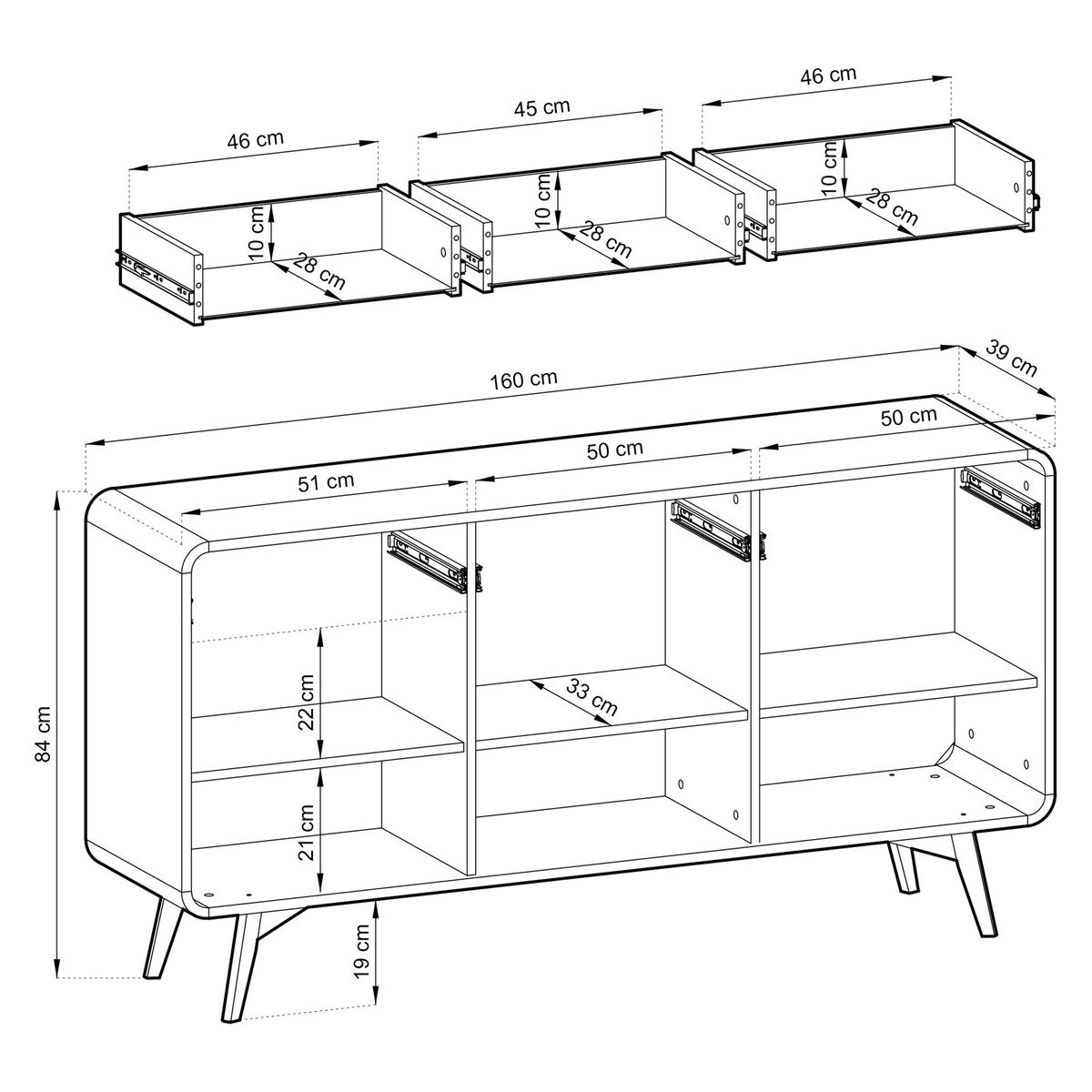 SIDEBOARD LEVANTE 160/84/39cm mit 3 Schubladen 3 Türen Eichefarben - Eichefarben/Naturfarben, Holzwerkstoff (160/84/39cm) - MASSENO
