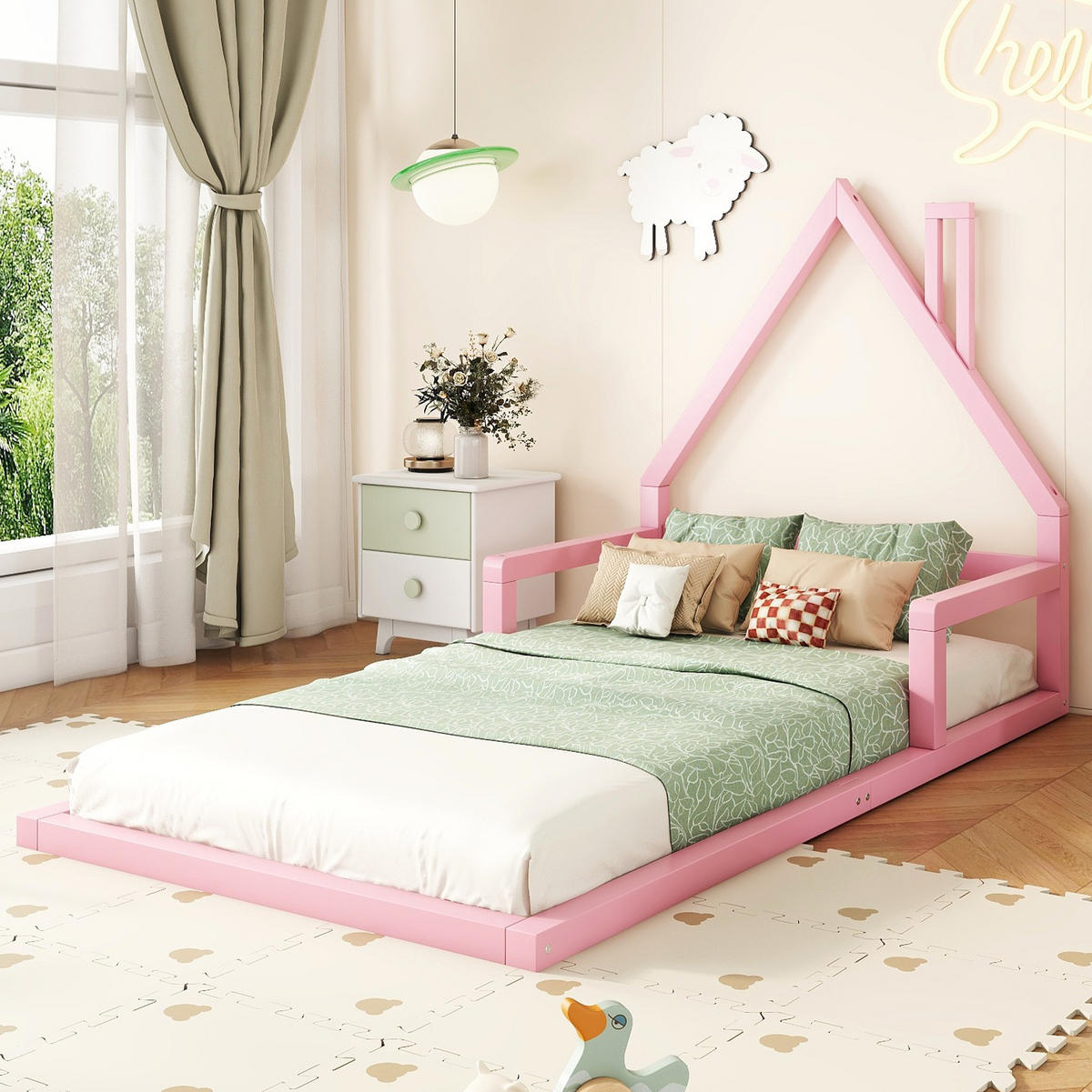 DĚTSKÁ postýlka 90x200 cm v domkovém designu z borovice a MDF, snadná údržba, Růžová - růžová, kompozitní dřevo (90/200cm) - Redom