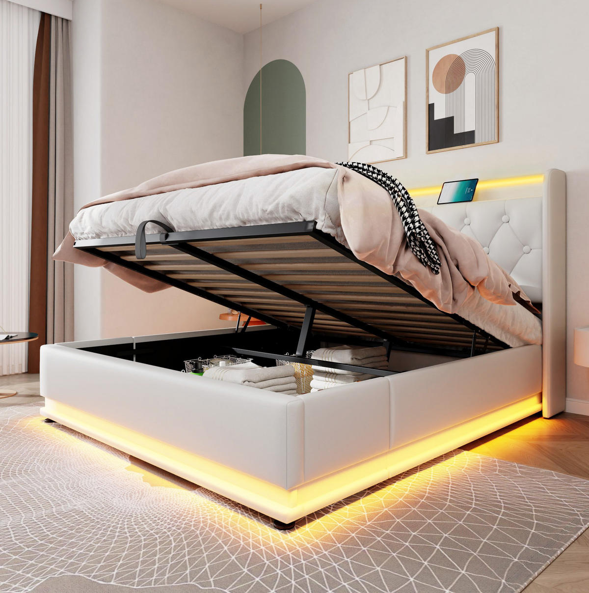 POLSTERBETT 140/200 cm mit LED-Beleuchtung, USB-C, hydraulischem Bettkasten und Matratze, Weiß - Weiß, Kunststoff (140/200cm) - Redom