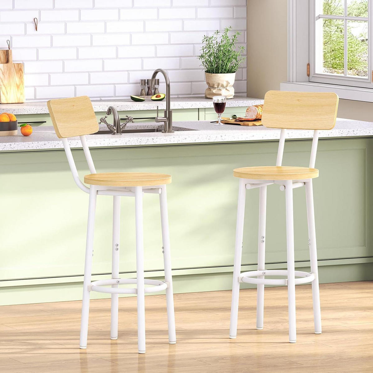 BARHOCKER 2er-Set mit Rückenlehne Naturholz/Weiß - Multicolor, Holzwerkstoff (32/93/32cm)