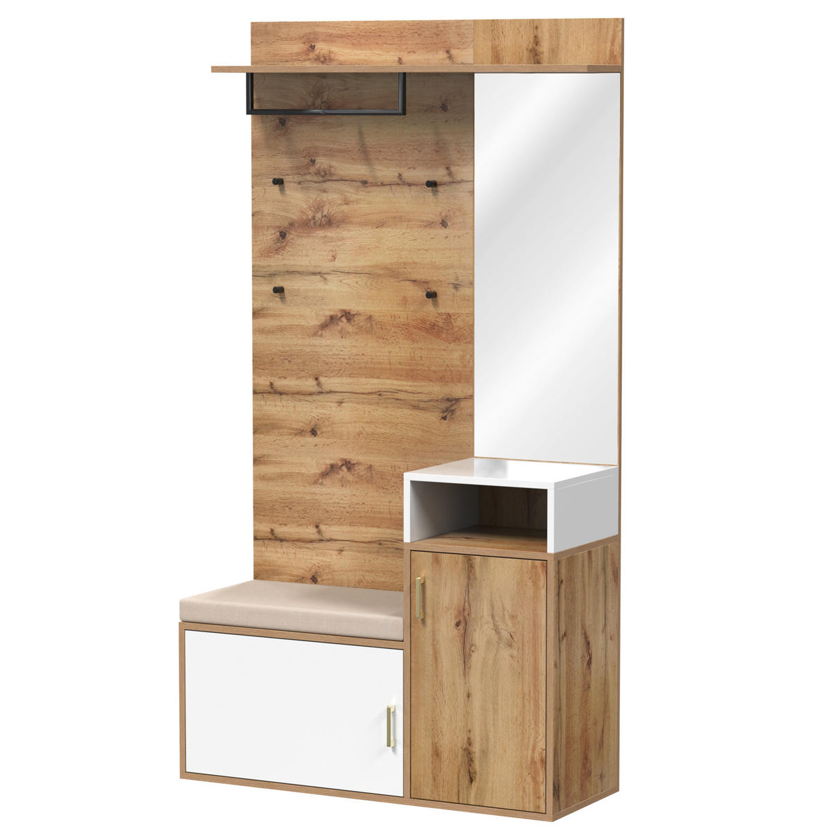 SCHUHSCHRANK aus MDF & Spanplatte 105x40x190,5cm in Weiß & Holz mit Spiegel - Weiß, Holzwerkstoff (105/190.5/40cm) - Modfu