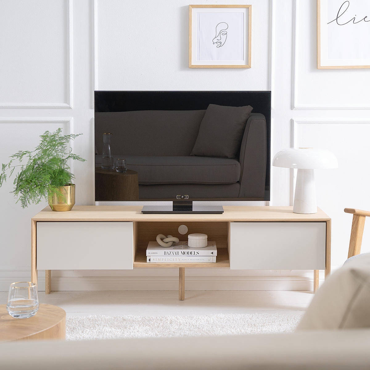 TV-LOWBOARD - Eiche teilmassiv - Mushroom Creme / Eiche Hell - Eichefarben/Creme, Holz/Holzwerkstoff (140/44/45cm) - home24