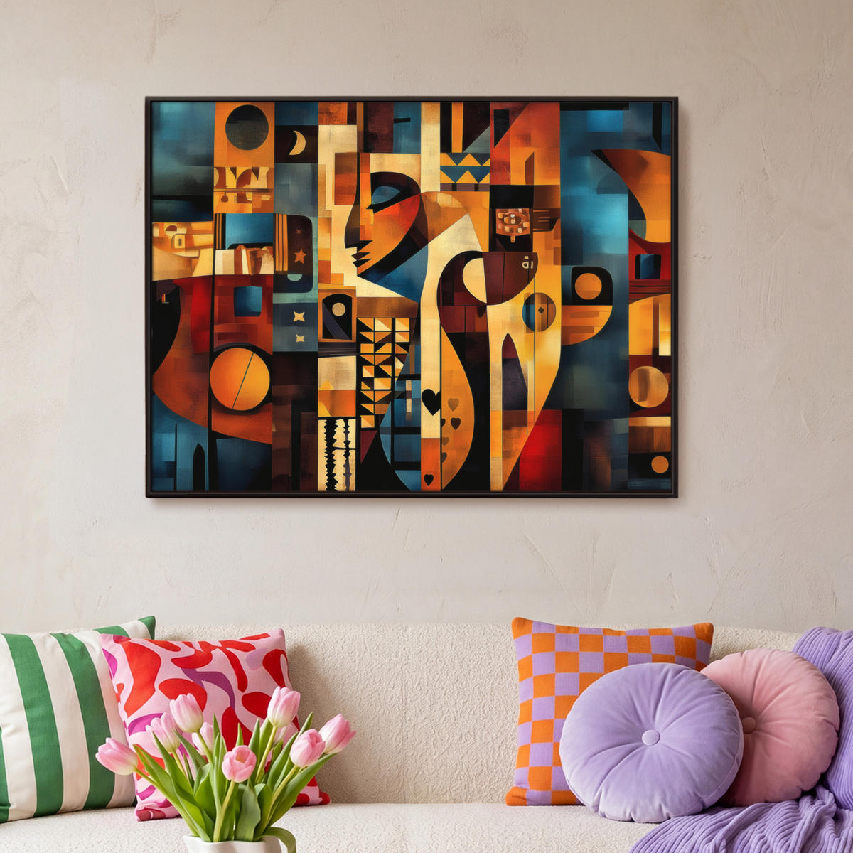 LEINWAND Bilder mit Rahmen - Figuren - Abstrakt - Symbole - 100x70 - Terracotta, Textil (100/70cm) - MuchoWow