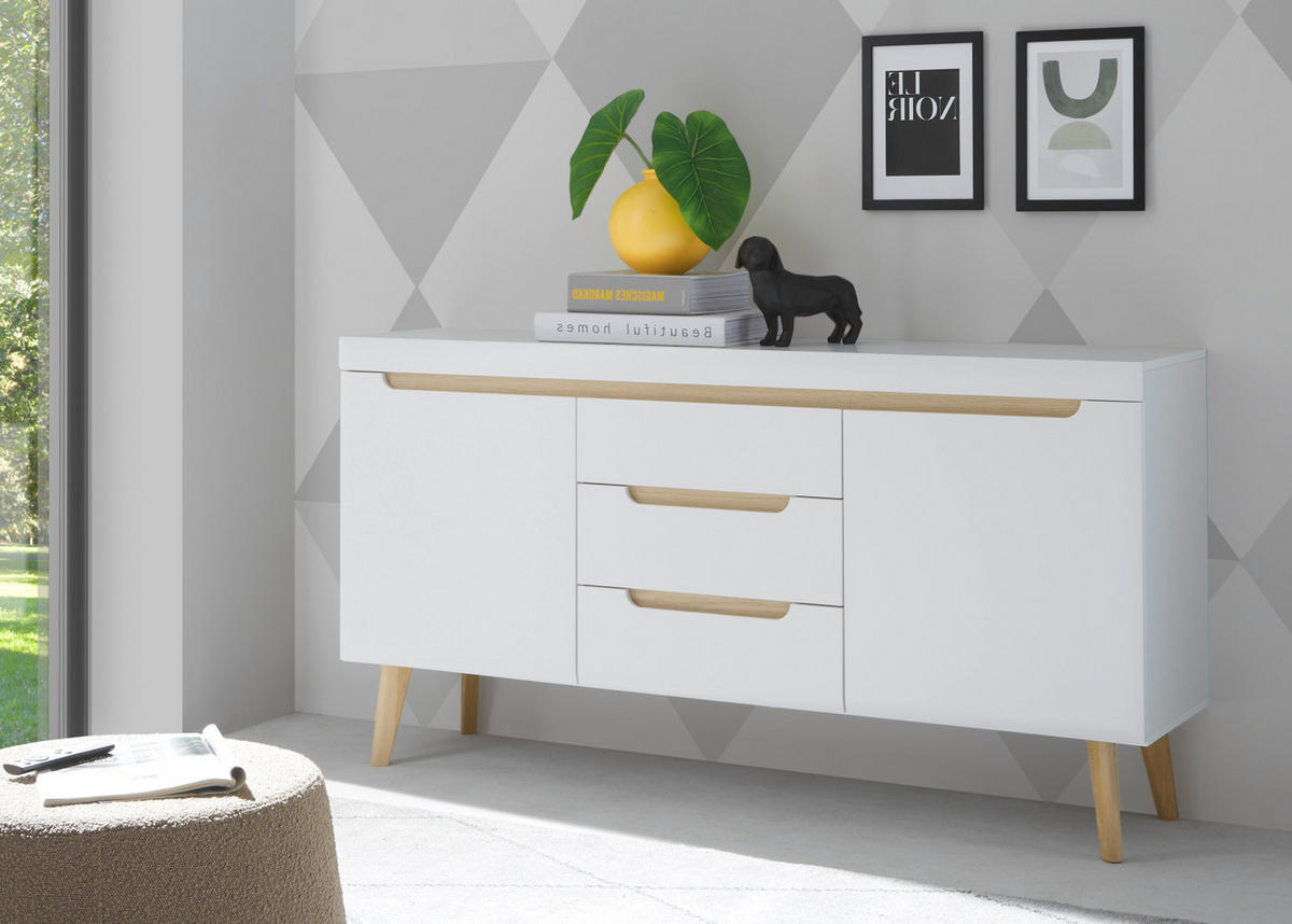 SIDEBOARD weiß matt, Eiche, skandinavisch 160 cm, Kommode mit Soft-Close-Funktion - Eichefarben/Weiß, Holz/Holzwerkstoff (160/83/40cm) - Furn.Design