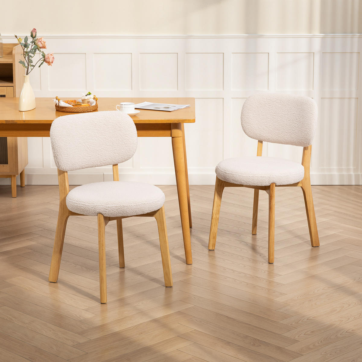 ESSZIMMERSTÜHLE 2er Set Polyestet Cremeweiß - Creme/Naturfarben, Holz/Textil (46.5/80/52cm) - HOMCOM