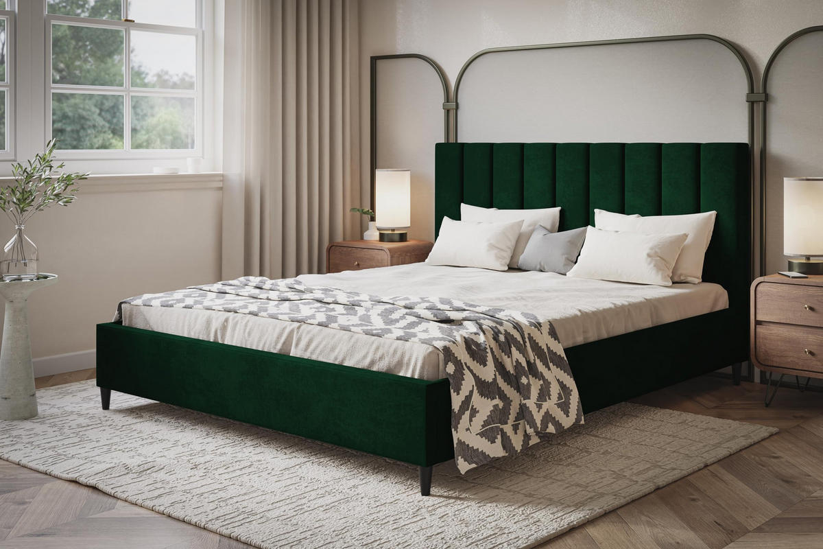 POLSTERBETT LUX Tokio mit Kopfteil, 180 x 200 cm, Doppelbett mit Lattenrost aus Holz, Velourstoff Dunkegrün, Füße in Farbe: Schwarz - Dunkelgrün, Holz/Textil (180/200cm) - Alpi-Möbel