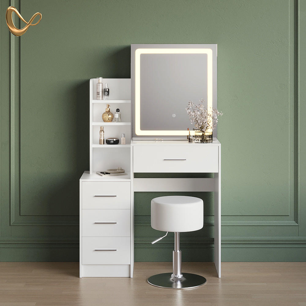SCHMINKTISCH Monza Weiß mit LED-Spiegel und Hocker - Weiß, Holzwerkstoff (80/131.6/36cm) - Livinity®