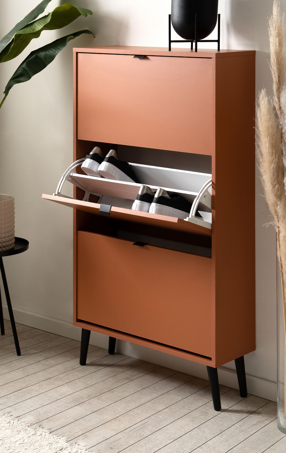 SCHUHSCHRANK terracotta 70 x 125 cm, Schuhkipper mit 3 Klappen - Terracotta/Schwarz, Holz/Holzwerkstoff (70/125/24cm) - Furn.Design