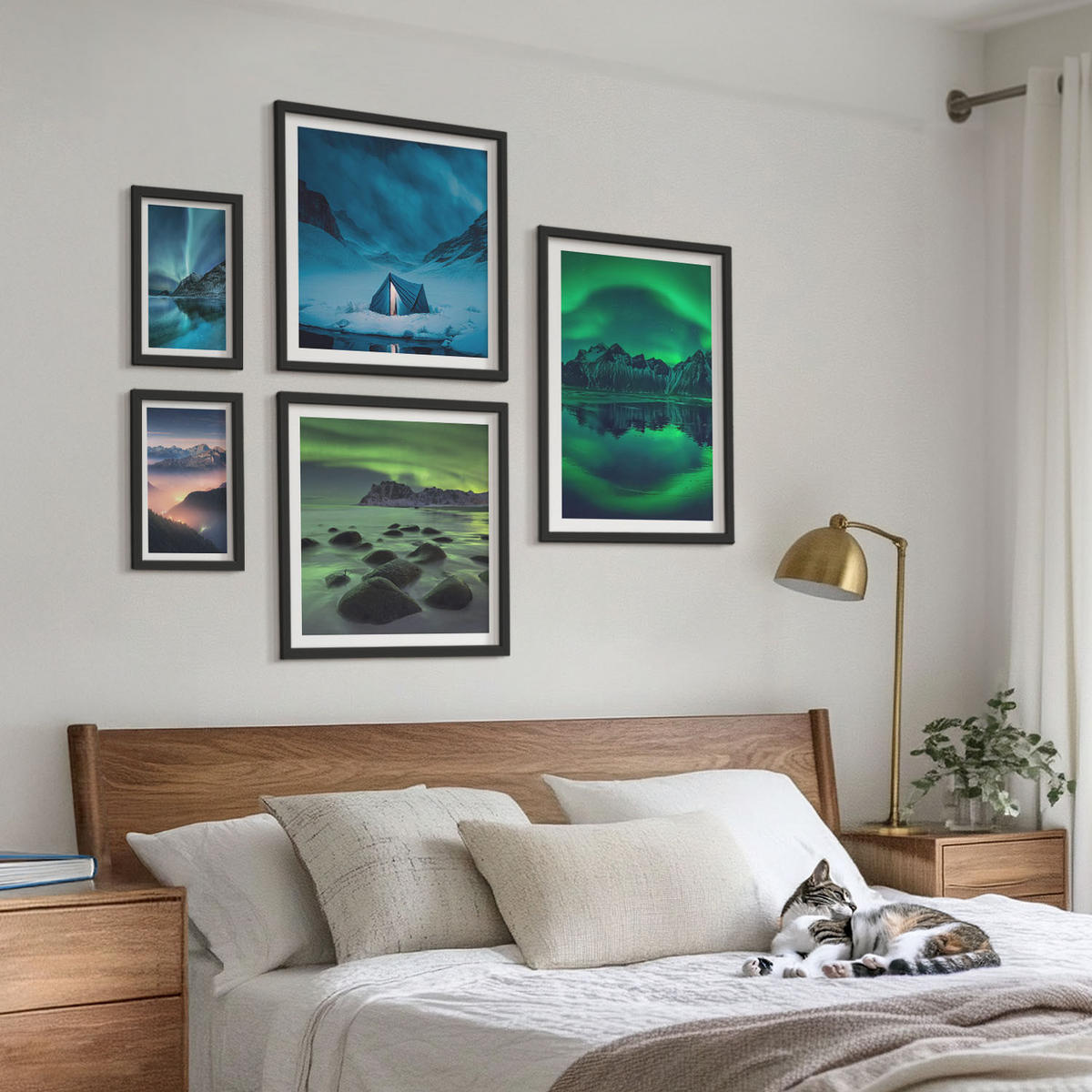 BILDER SET 5er Set - 50x50 cm & 20x30 cm & 40x60 cm Schwarzer Rahmen - Stilvolle Pflanzenmuster und Geometrie - Schwarz, Kunststoff (40/60cm) - TULUP