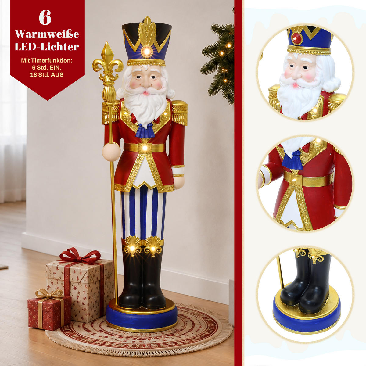 NUSSKNACKER Figur groß 91cm, Weihnachtsdeko mit LED, Timer, MgO - Dunkelrot, Naturmaterialien (28.5/91/28.5cm) - Hometopia